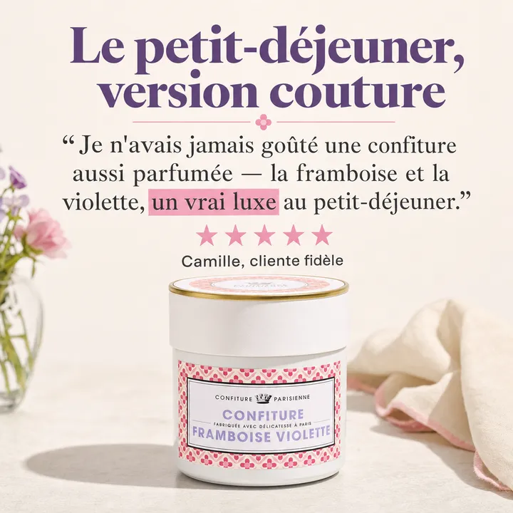 Confiture Parisienne ad in the Social Proof Card style, generated by Palette